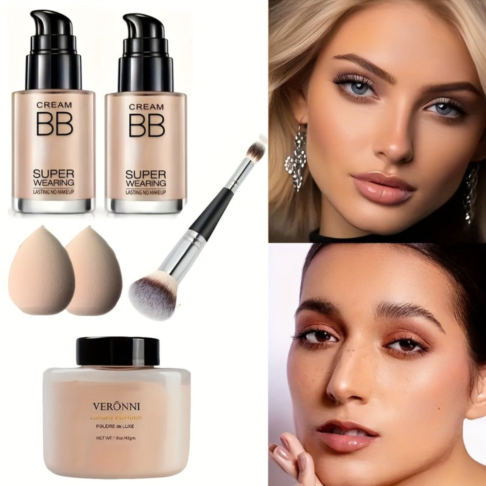 BB Cream Setting Powder Set 2 Pcs with Tools Concealer Oil Free Matte Face Makeup for Women, for Makeup, Travel and Everyday 