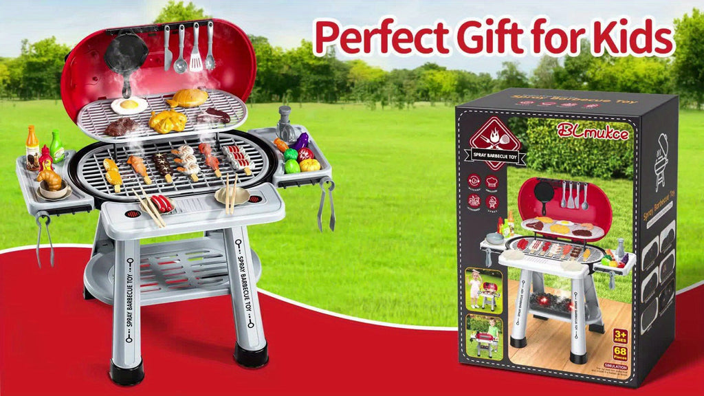 Kids BBQ Grill Playset Two-Tier for Grilling, Camping and Outdoor Meals with Toy Food Meats Fruits Spices & Working Water Tap
