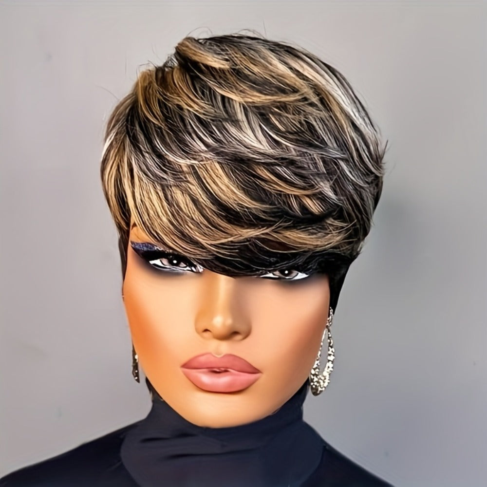 Synthetic Wig 4-Inch Layered Pixie with Bangs, Black-Blonde Look and Rose Net Cap for Daily Style — image 2