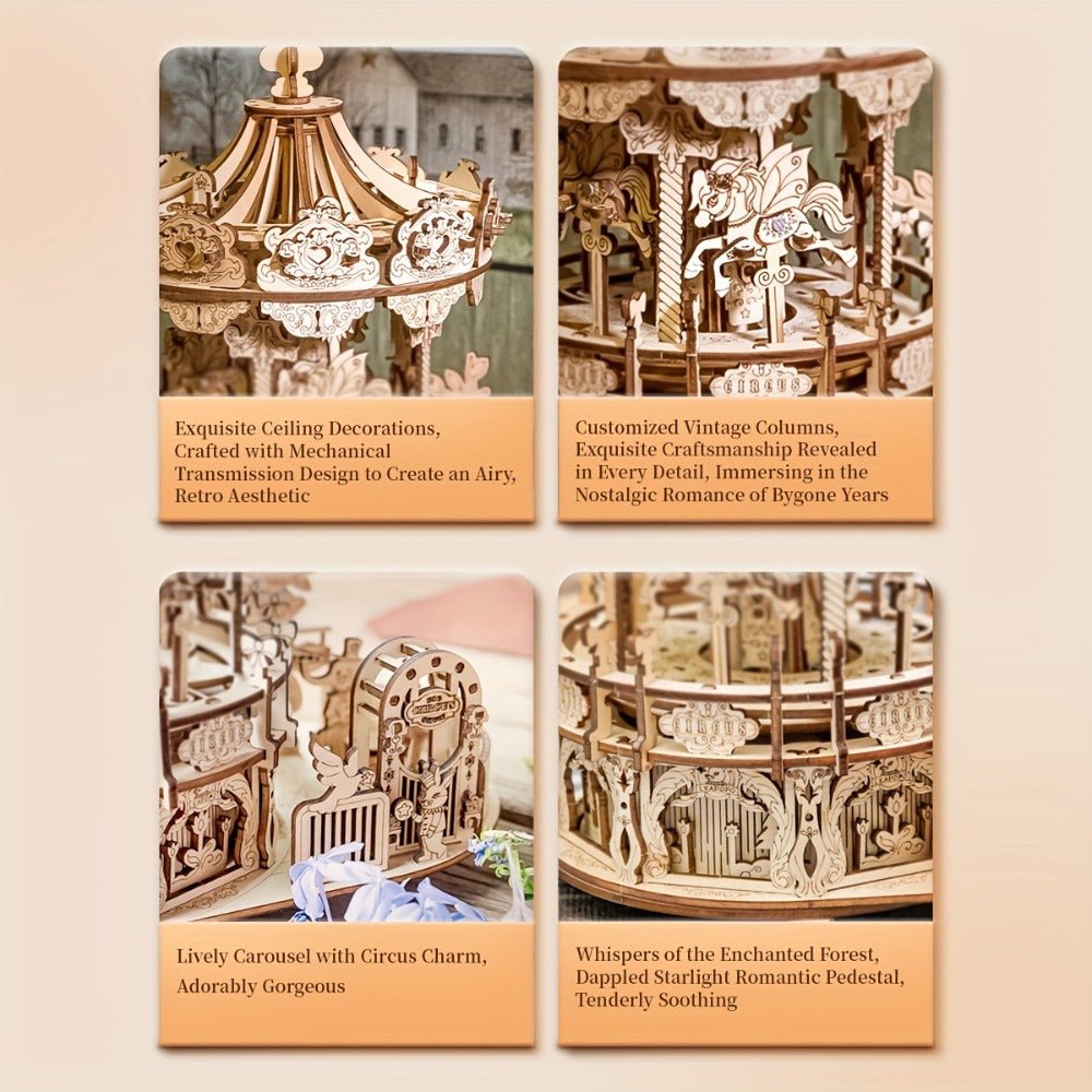 Rotating Merry-Go-Round Wooden Puzzle Kit, Mechanical Carousel 3D Model for Adults & Teens, DIY Kinetic Display Piece — image