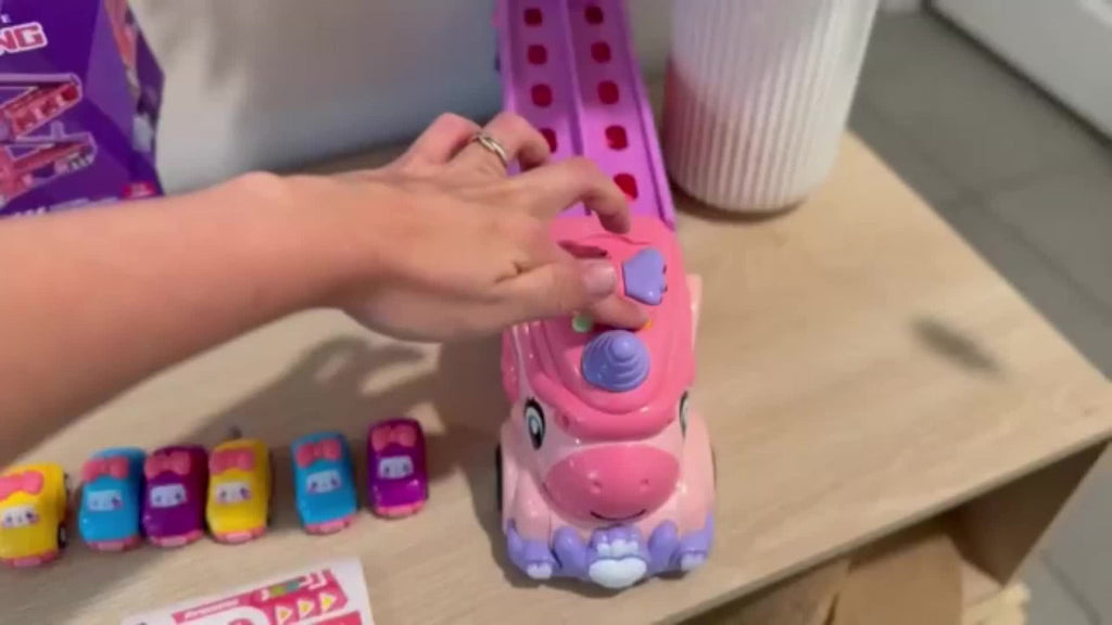 Pink Unicorn Monster Truck Track Set with 8 Princess Cars, Lights & Sounds with the Listed Color, Size or Set Options for Eve