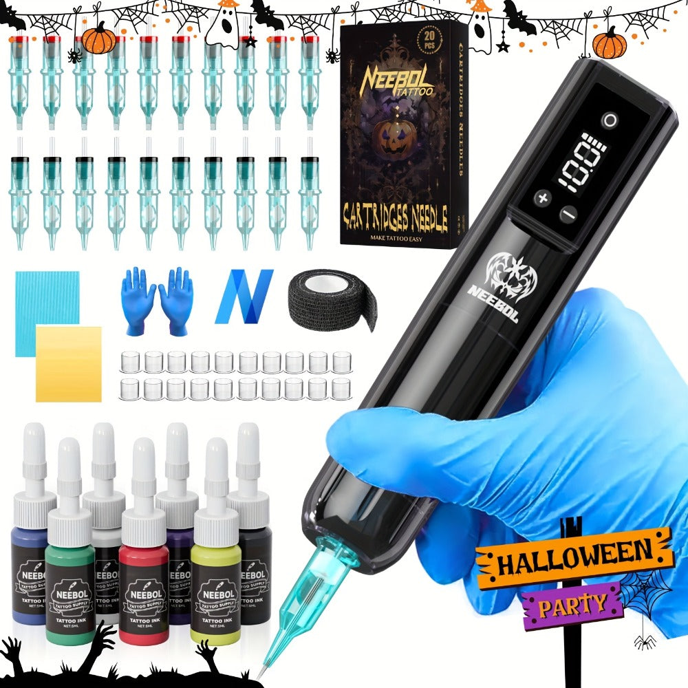 Cordless Tattoo Pen Machine Neebol Wireless Rotary Tattoo Gun with LCD Screen Display for Temporary Body Art, Festivals and C