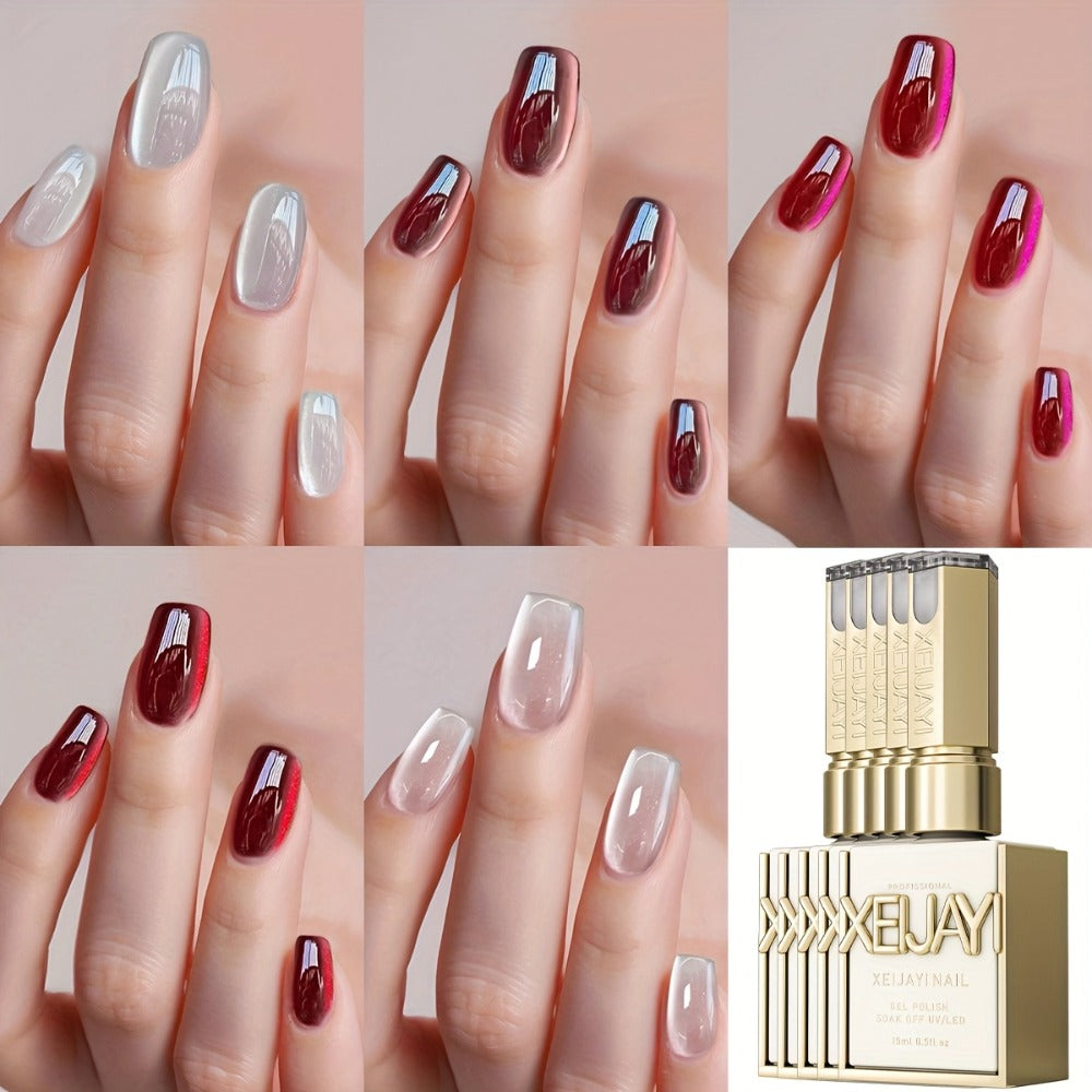 Gel Nail Polish 5-Piece Magnetic Cat-Eye Set with Ruby, Raspberry, Blackberry, White-Moonlight and Clear Shades for UV/LED Cu