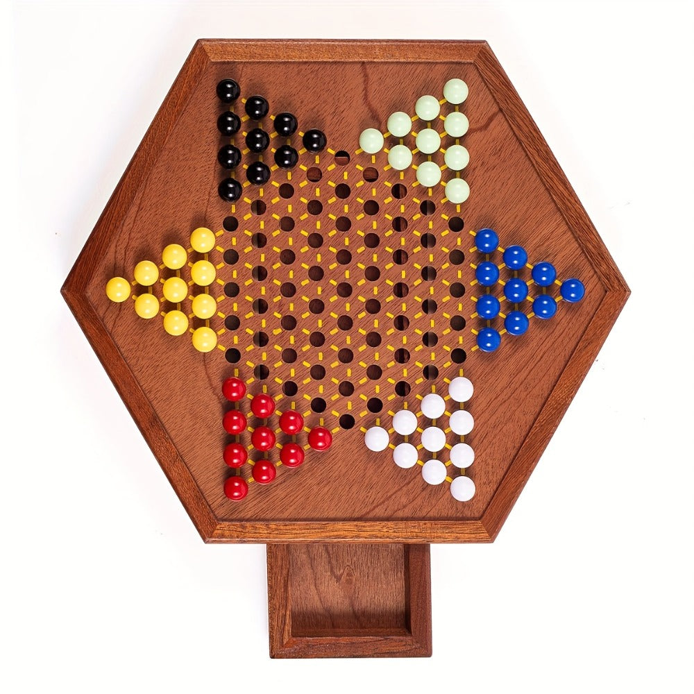 Deluxe Wooden Chinese Checkers Game Set 12.5 Inch Hexagonal Board with Storage Drawer 60 Acrylic Marbles — image 8