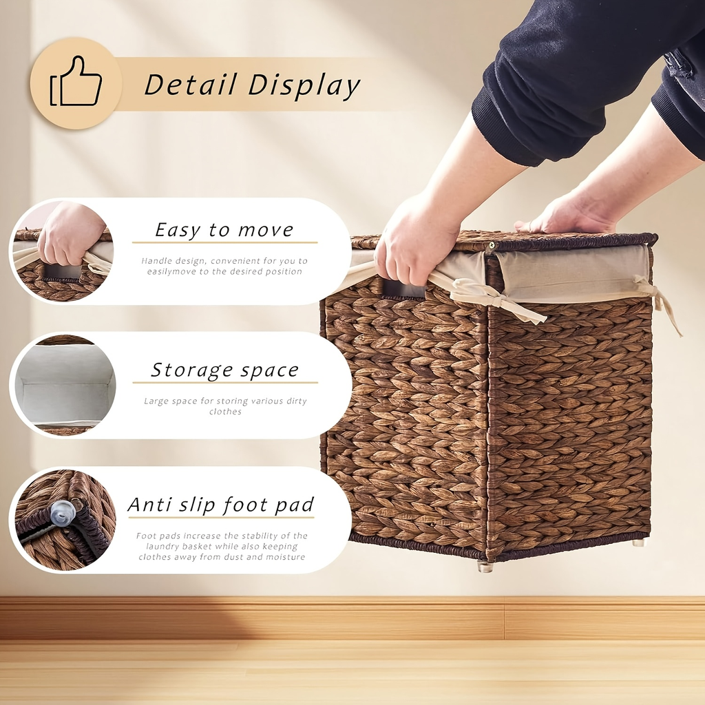 Laundry Basket with Lid & Handles – Handwoven Water Hyacinth Wicker Hamper, Removable Cotton Liner — image 2