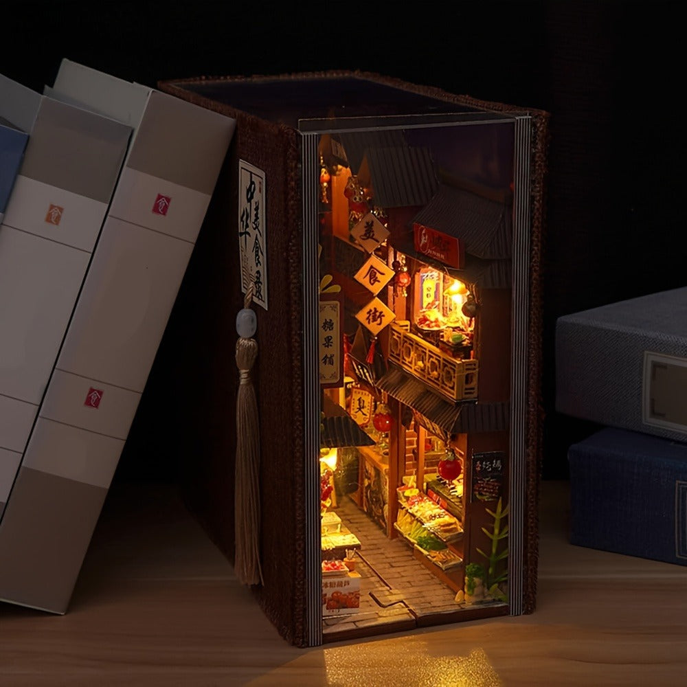 Book Nook Kit Chinese Food Street Miniature Dollhouse 3D Wooden Puzzle Bookshelf Insert DIY Model Building Set for Adults Tee