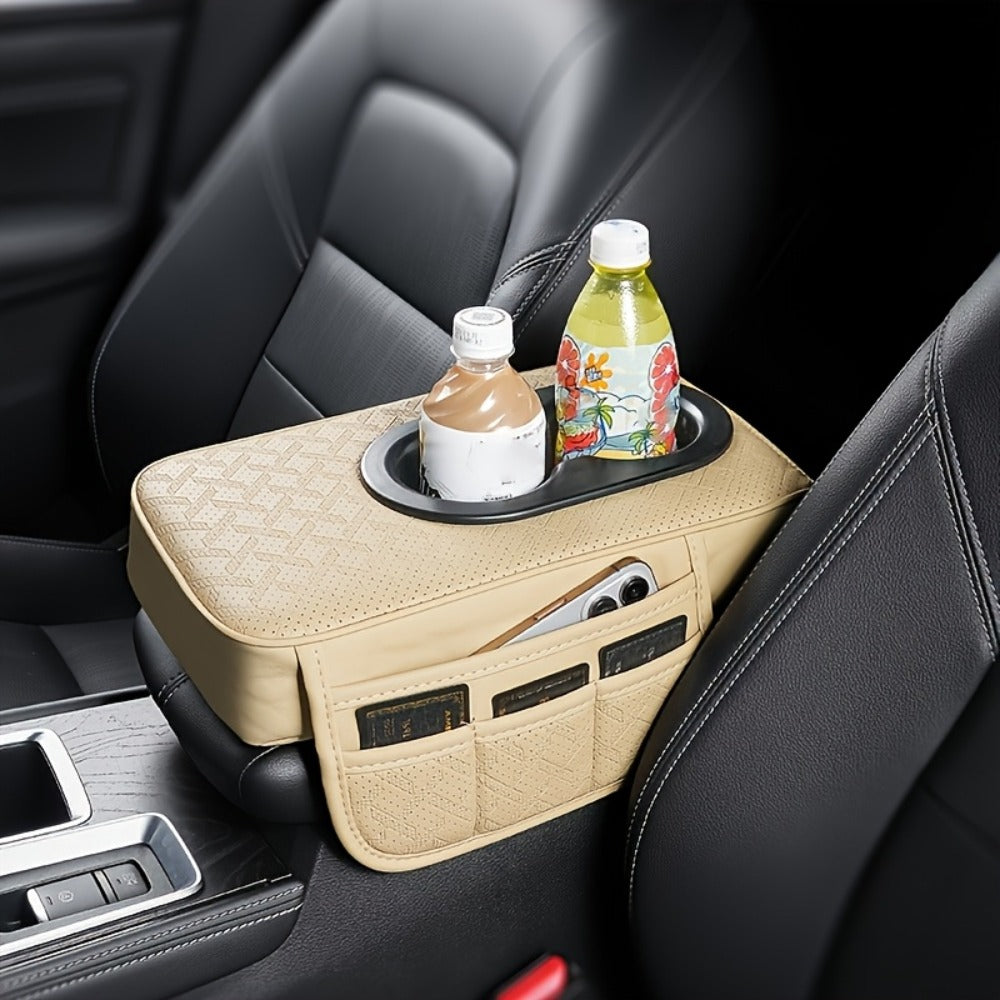 Car Center Console Cover PU Leather – Universal Armrest Box Mat with 2 Cup Holders & 2 Side Pockets, Phone & Card Storage — i
