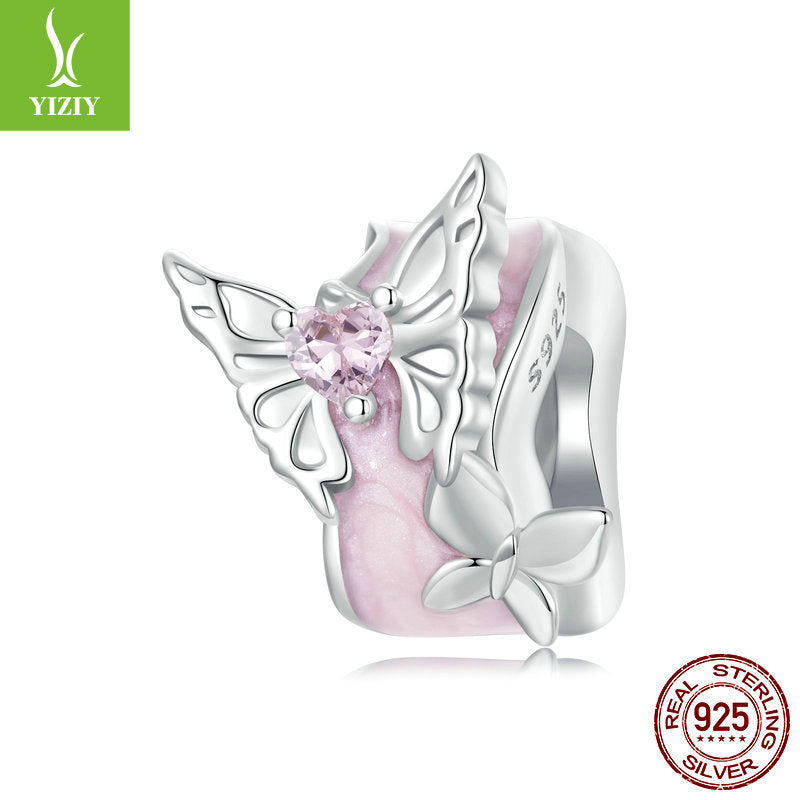 Silver Charm Pink Butterfly DIY Silicone Positioning Bracelet with Separated Beads Romantic Spring Day s925 Pure Silver Beads Loose Beads - V.I.P Digital Presence