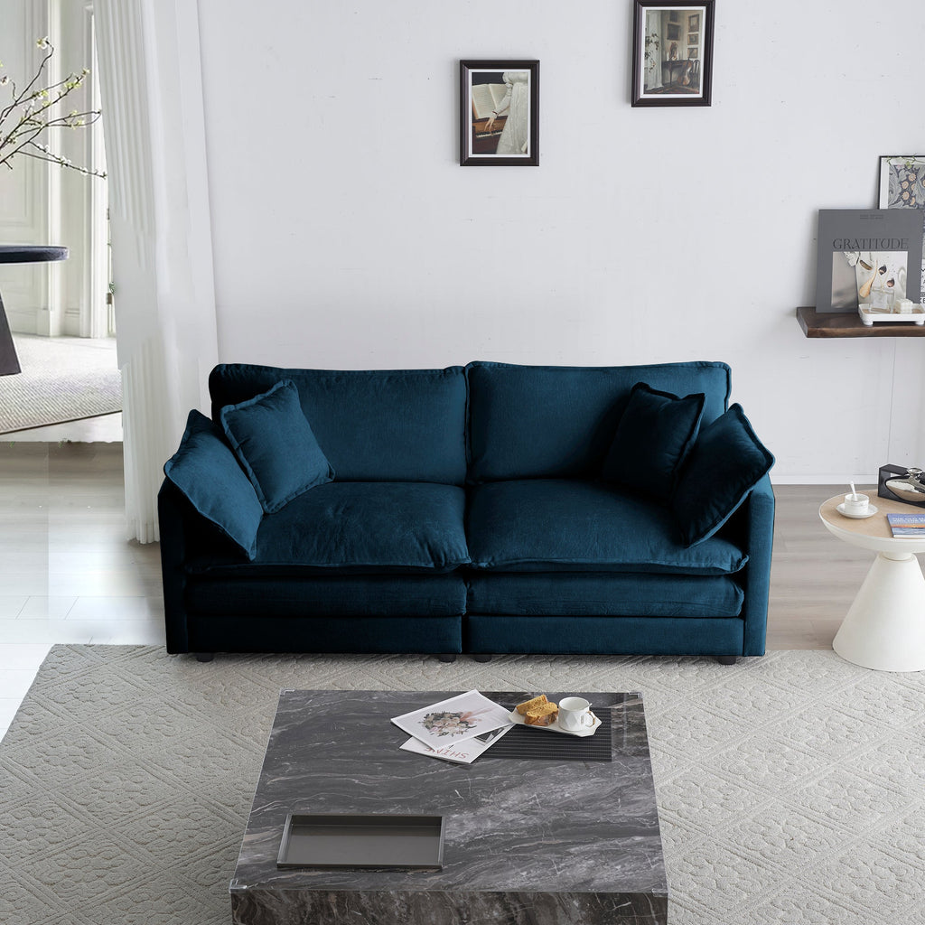 Modern Fabric Loveseat Sofa Couch for Living Room, Upholstered Large Size Deep Seat 2-Seat Sofa with 4 Pillows ,Blue Chenille - V.I.P Digital Presence