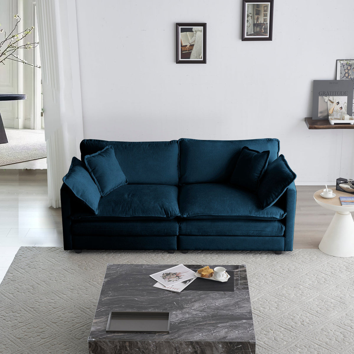 Modern Fabric Loveseat Sofa Couch for Living Room, Upholstered Large Size Deep Seat 2-Seat Sofa with 4 Pillows ,Blue Chenille - V.I.P Digital Presence