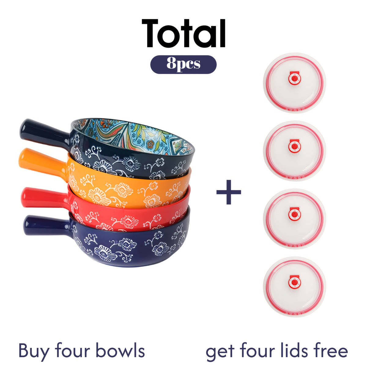 Ceramic Bowl Set with Lids 8-Piece Bohemian Soup Noodle Salad Bowls, for Home Cooking, Dining and Outdoor Meals — image 8