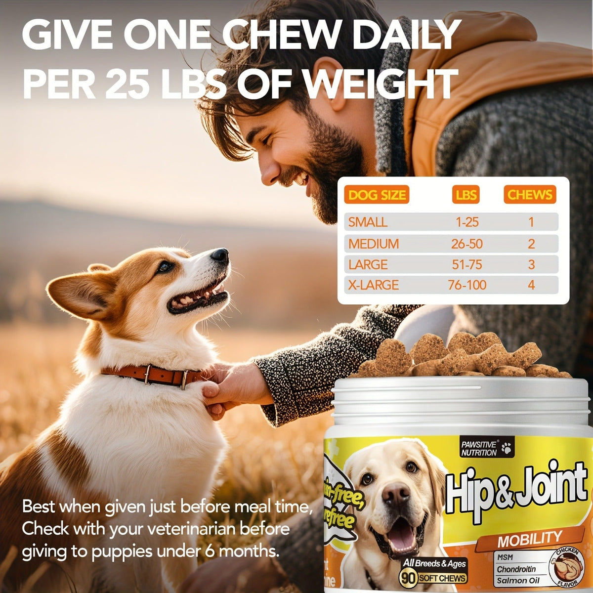 Dog Hip and Joint Soft Chews with Glucosamine, Chondroitin, MSM and Salmon Oil, 90 Count per Bottle — image 6