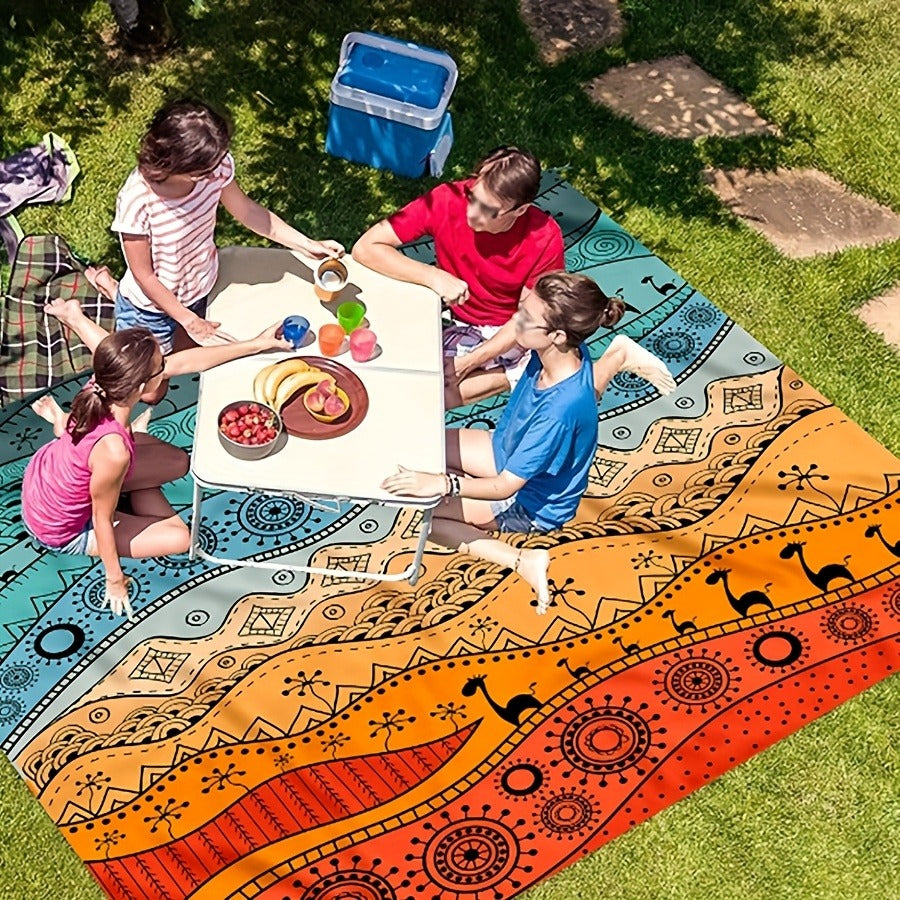 205 x 198cm Picnic Blanket with Orange, Aqua and Black Bohemian Animal Print and Matching Zip Carry Bag — image 1