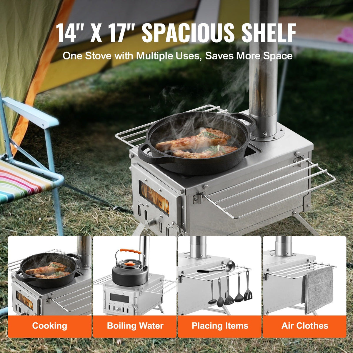 Wood Stove Camping Tent Stove 80 Inch Stainless Steel, 700in³ Firebox, 8 Accessories, BBQ Grill Plate — image 7