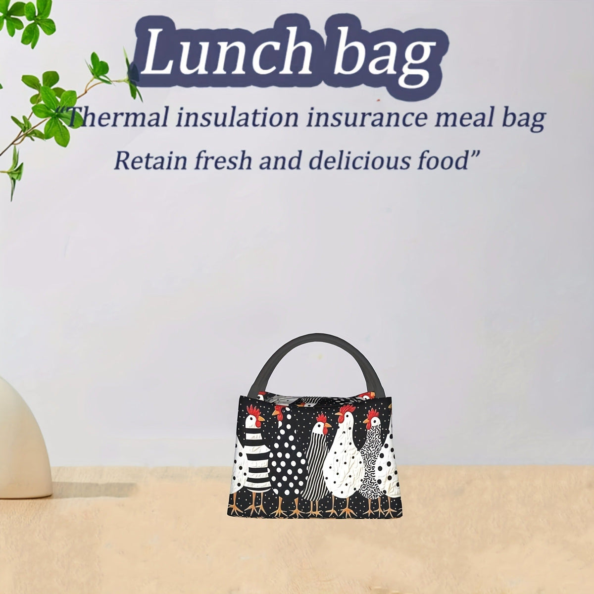 Chicken Print Lunch Bag Tote, 11 x 6.3 x 6.7 Inches with Top Zipper and Dual Carry Handles — image 7