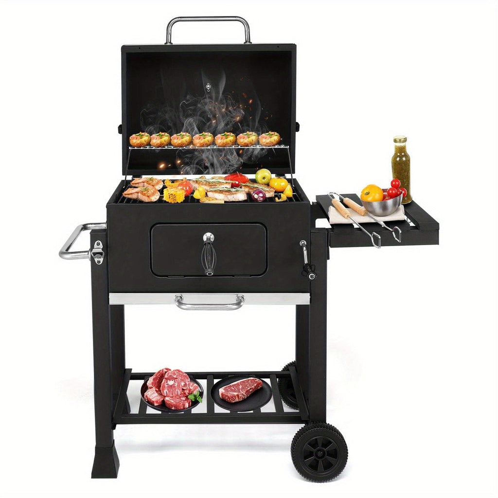 Cart Charcoal Grill with Adjustable Pan, Lid, Wheels, Lower Rack, Thermometer and Folding Side Shelf — image 7