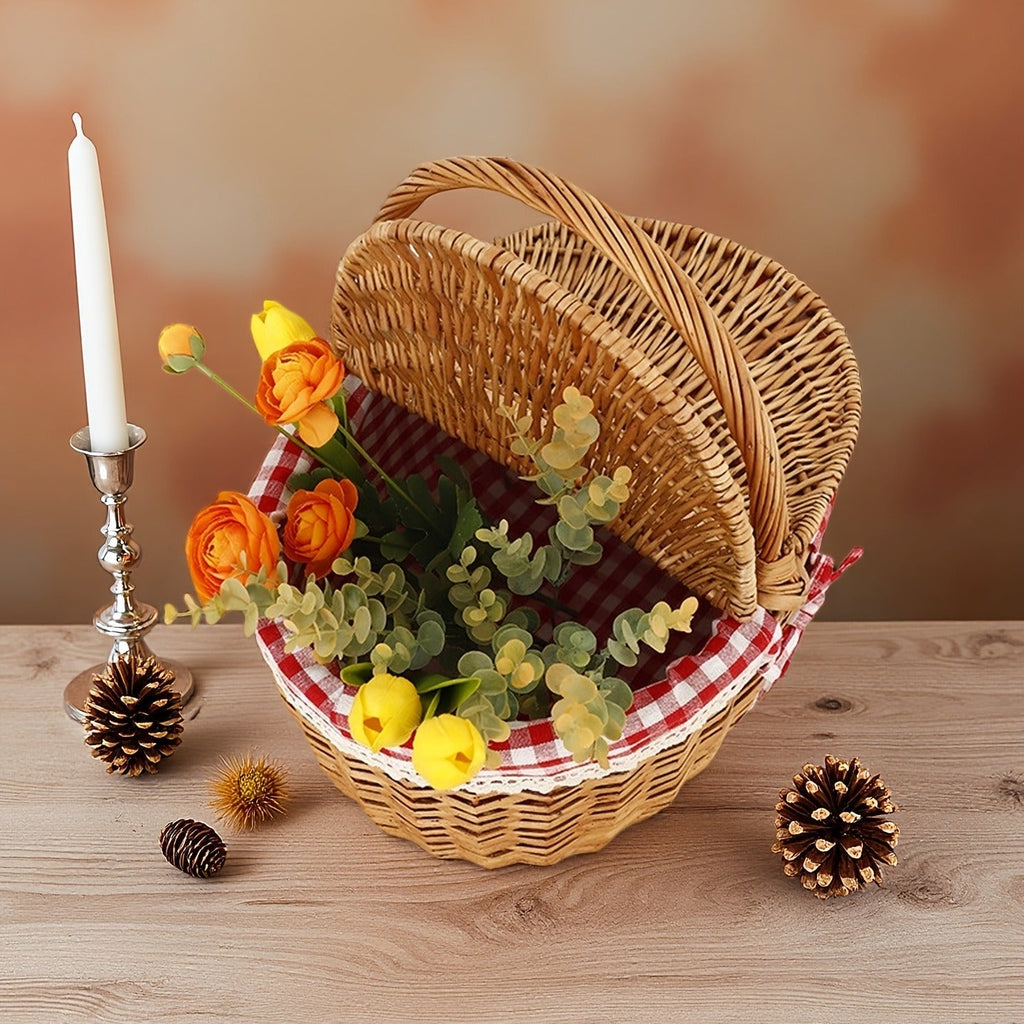 Willow Picnic Hamper Basket with Hinged Lid, Carry Handle and Red Checkered Textile Lining — image 7