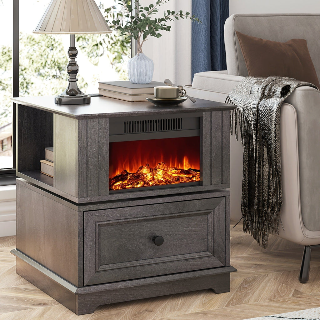 Electric Fireplace End Table Rotating 13-Inch Screen Side Table with Fast Charging Station Storage Shelf for Living Room Bedr