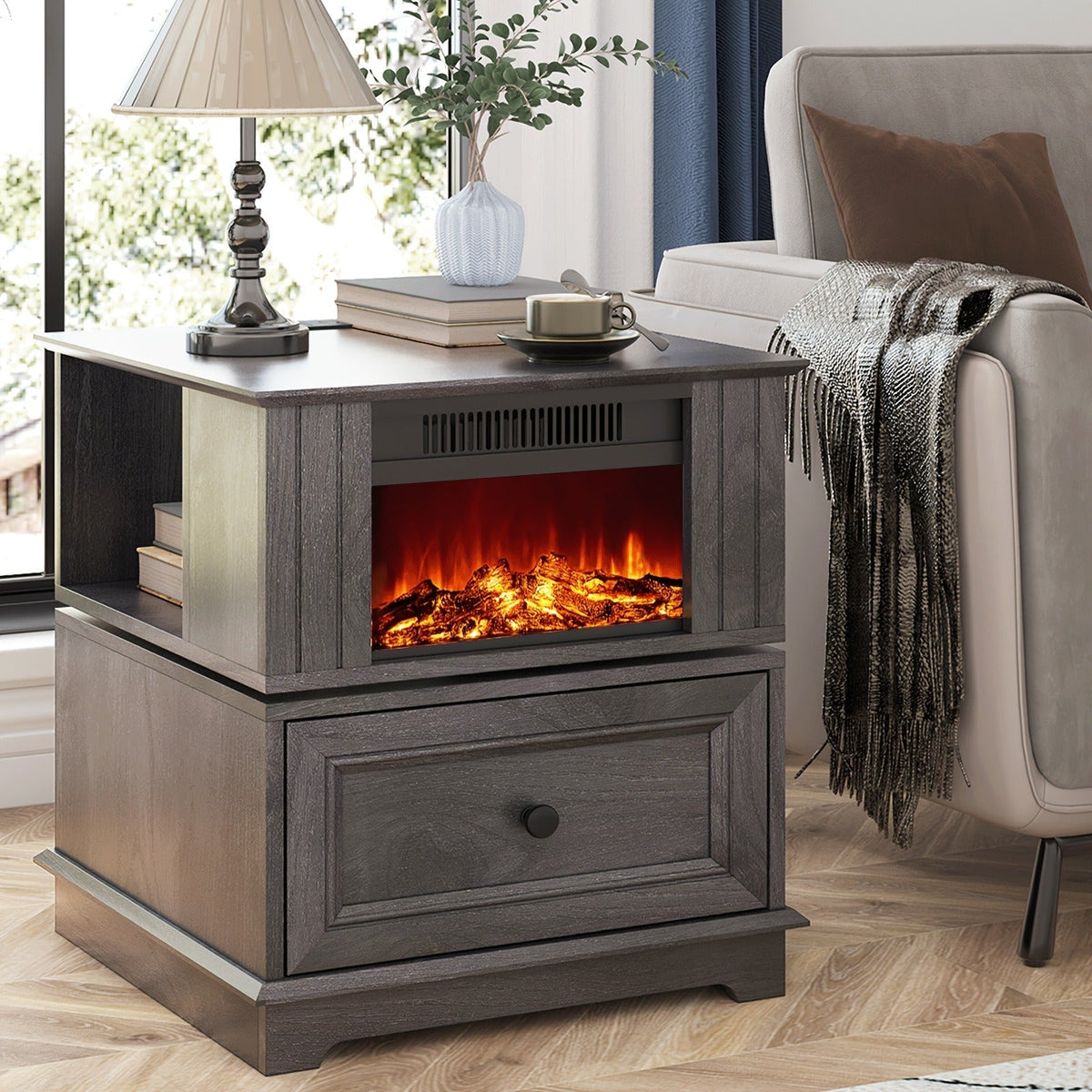 Electric Fireplace End Table Rotating 13-Inch Screen Side Table with Fast Charging Station Storage Shelf for Living Room Bedr