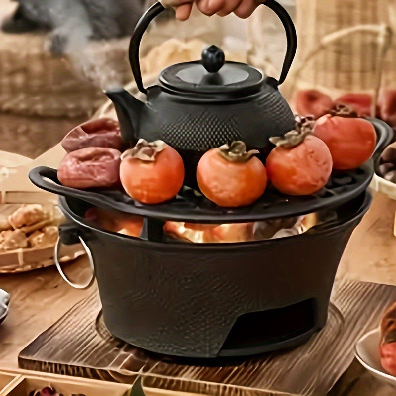 10.6-Inch Round Charcoal Grill Set with Cast-Iron Body, Cooking Grid, Wooden Base and Tongs — image 1