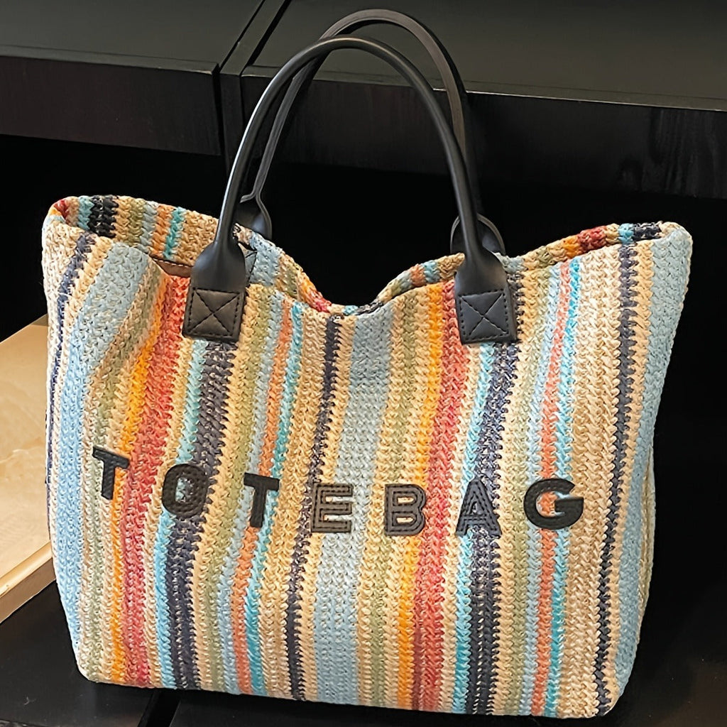 Straw Tote Bag for Women Large Capacity Bohemian Hand-Woven Striped Beach Bag Summer Vacation Shoulder Bag Colorful Letter Pa