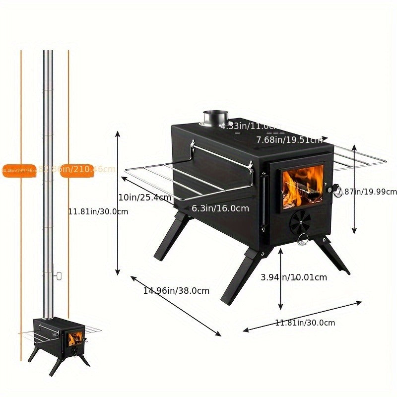 Portable Wood Stove with Chimney Pipe Set, Folding Legs, Side Shelves and Silver or Black Finish Options — image 8