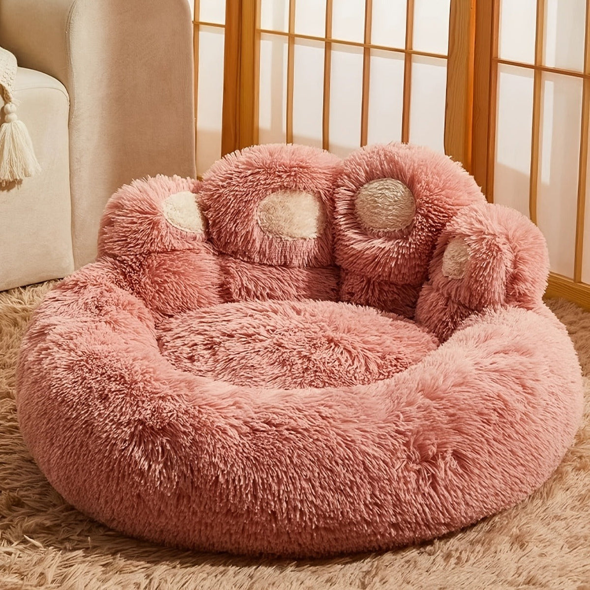 Bear-Paw Round Plush Pet Bed in Coffee, Pink or Gray with Four Weight-Labeled Size Options — image 17