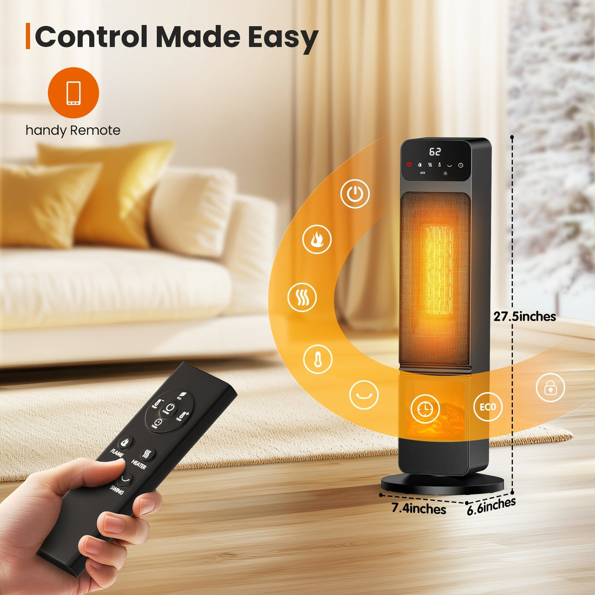 Electric Fireplace Space Heater 1500W, Portable Indoor Heater with 3D Flame Effect, 12H Timer, Heating & Fan Modes for Home &