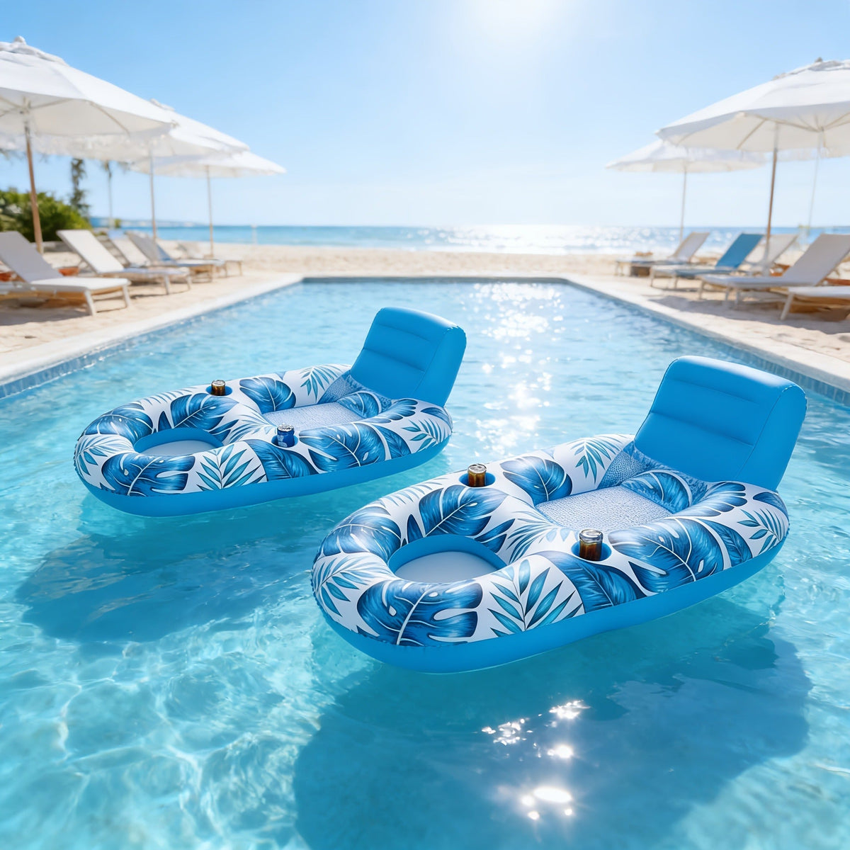 Two-Piece Inflatable Pool Lounge Float Set, 59.1 x 36.2 Inches Each with Backrests and Dual Cup Holders — image 7