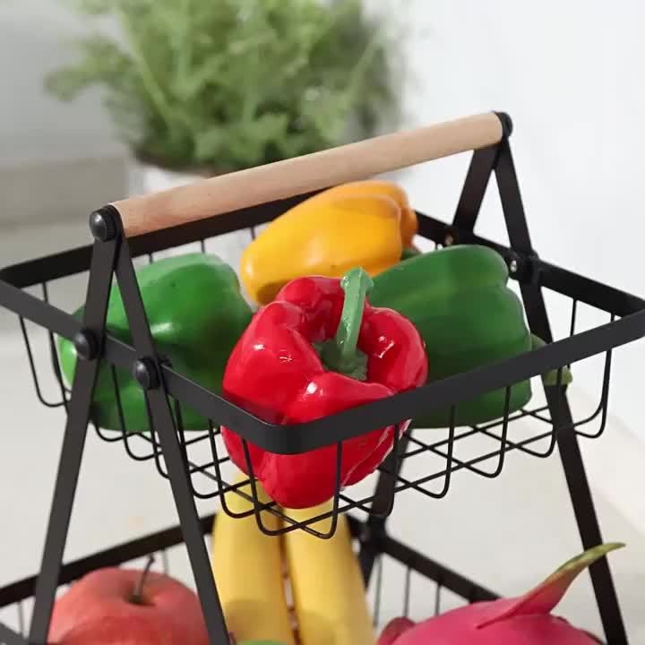 Two-Tier Black Wire Fruit Basket with Wood-Look Carry Handle and 12.2-Inch Countertop Frame — image 7