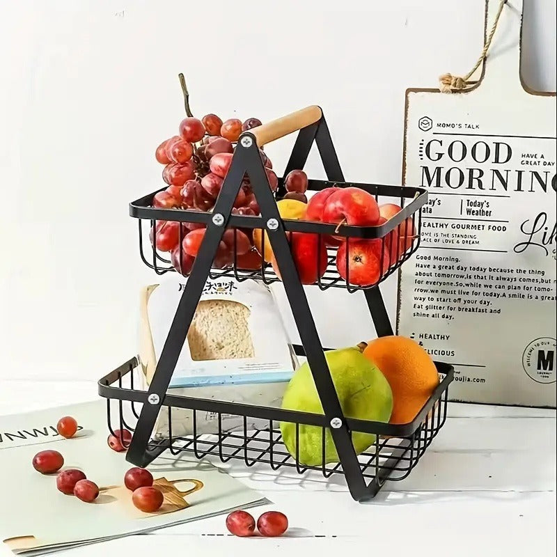 Fruit Basket Kitchen Organizer 2 or 3 Tier Metal Stand with Removable Wooden Handles for Countertop — image 8