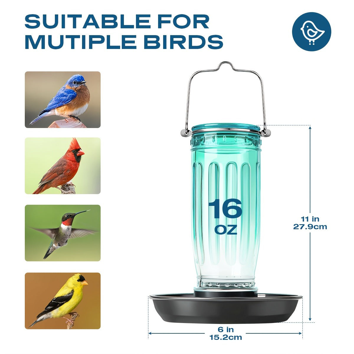 Bird Waterer Outdoor Hanging Glass Wild Bird Water Dispenser with Metal Handle – Gravity Fed Garden Yard Patio Tree Bird Feed