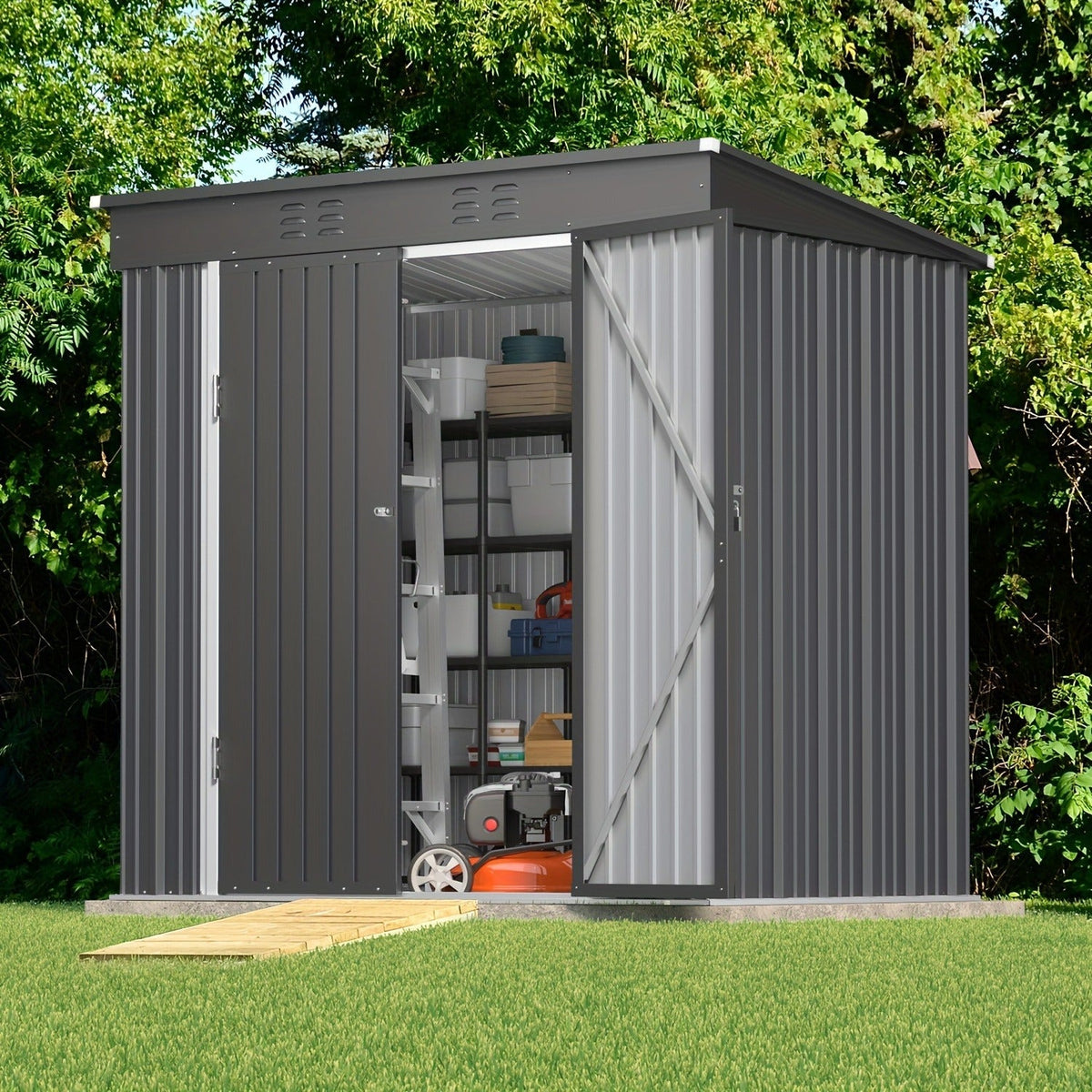 Metal Outdoor Storage Shed with Double or Single Doors in Grey, Green or Brown Checkout Models — image 7