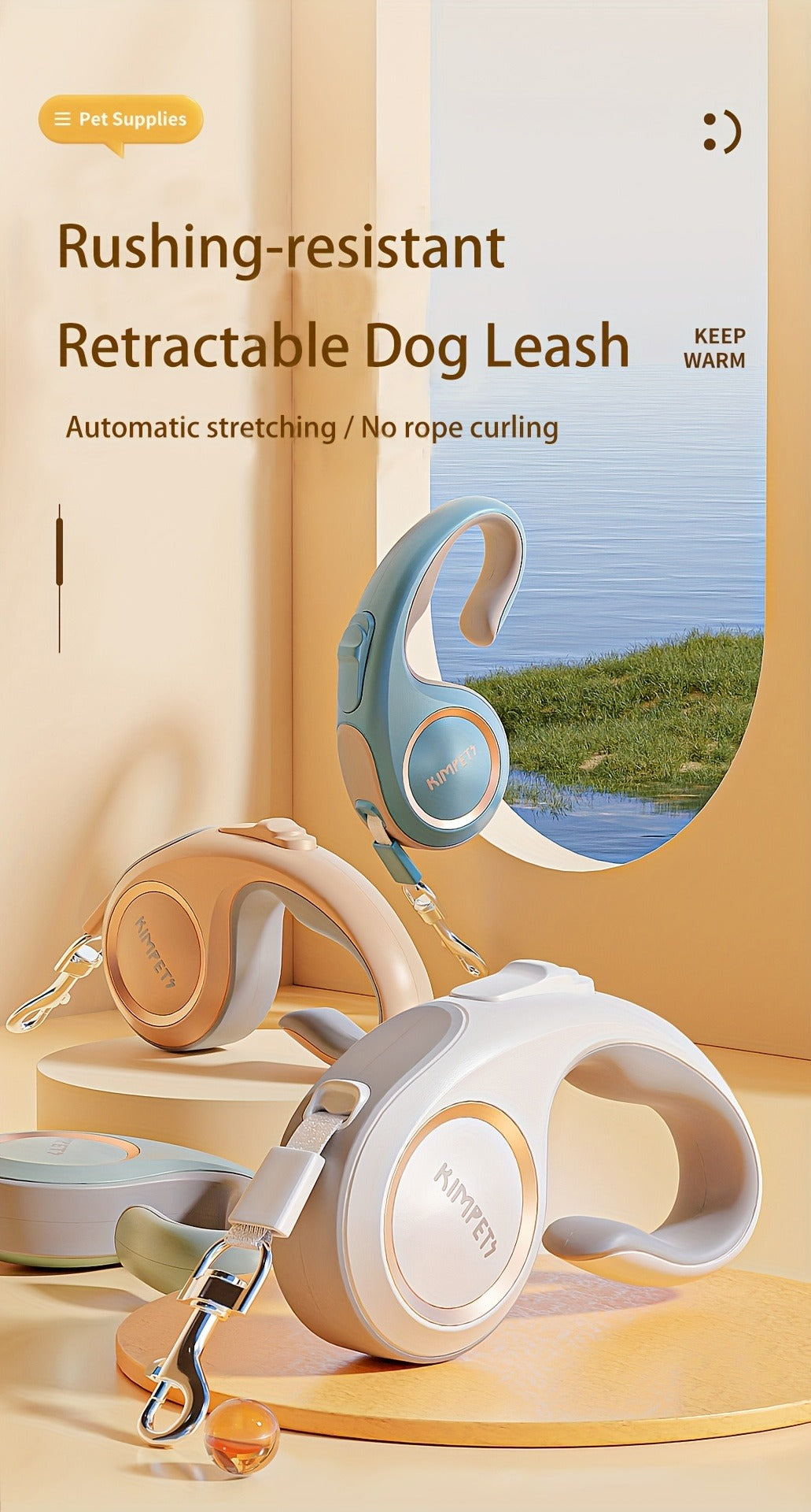 Retractable Dog Leash with 16-Foot Tape, One-Button Lock and Six Champagne, White or Blue Size Options — image 14