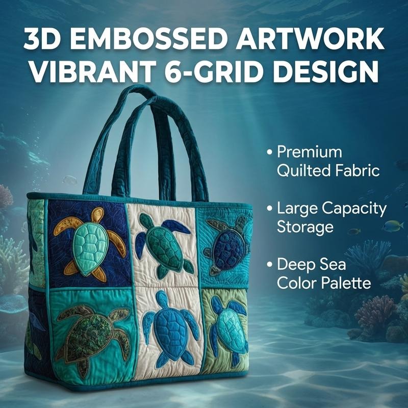 Sea Turtle Patchwork Tote Bag with Quilted Panels, Teal Handles and 17 x 15.75-Inch Checkout Size — image 7