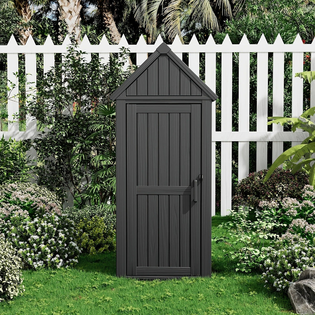 Tall Resin Outdoor Storage Shed with Sloped Roof, Lock-Ready Door and Interior Hooks in Black or Brown — image 1