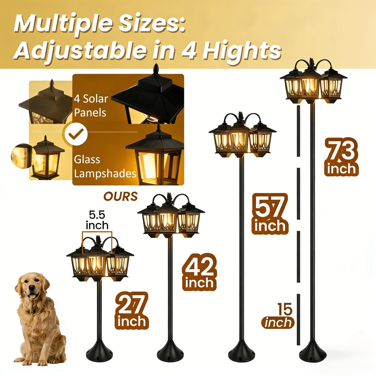 Three-Head Solar Lamp Post, Up to 73 Inches with Four Height Settings and 3000K Light Label — image 6