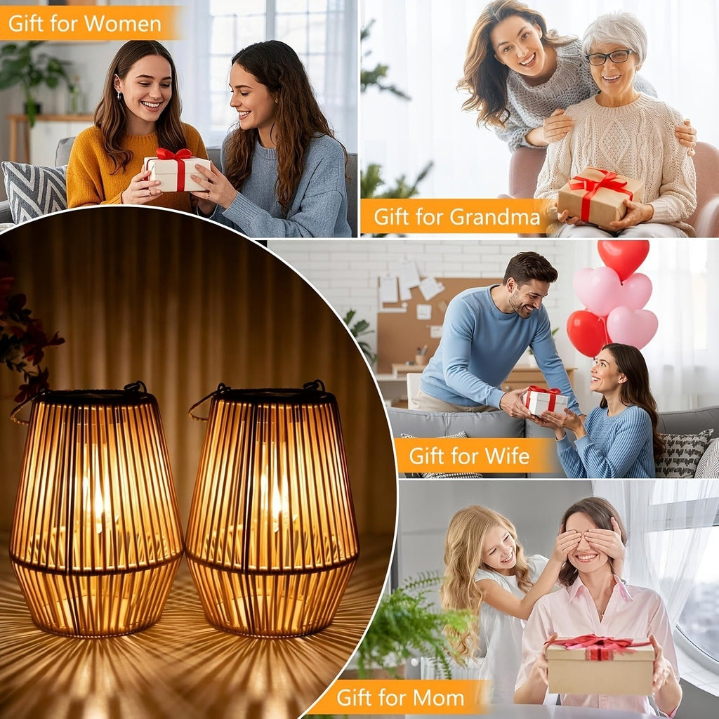 Solar Outdoor Lights Bohemian Bamboo Hanging Lanterns, Warm White, 1/2/4 Piece Sets for Patio Decor — image 14