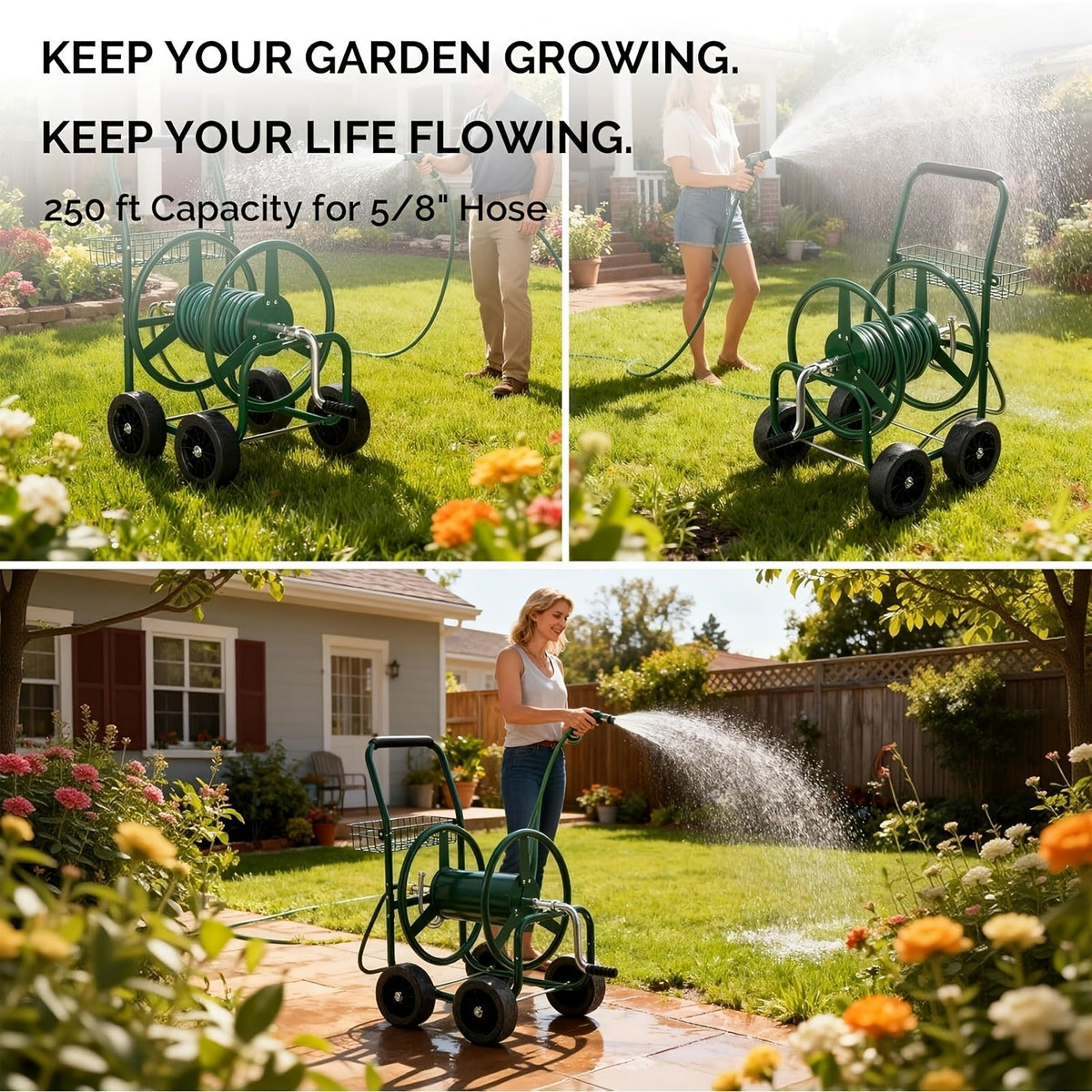 Garden Hose Reel Cart | 250ft Capacity, Heavy-Duty Steel, 4 Wheels & Storage Basket — image 7