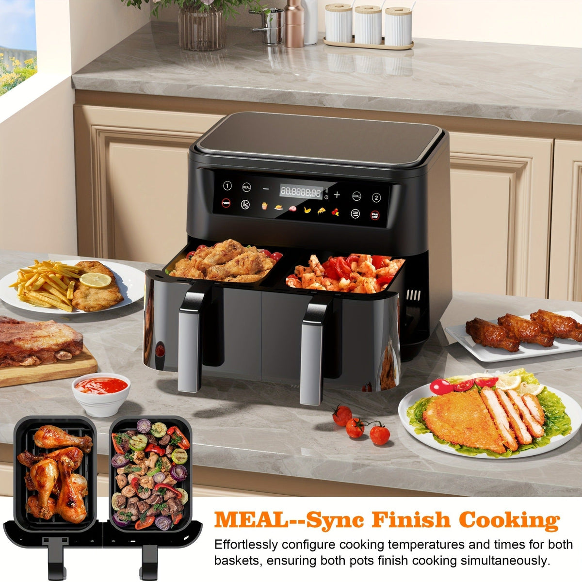 10Qt Dual-Basket Air Fryer with Two Viewing Windows, Sync Controls, Touch Panel and 50 Paper Liners — image 7