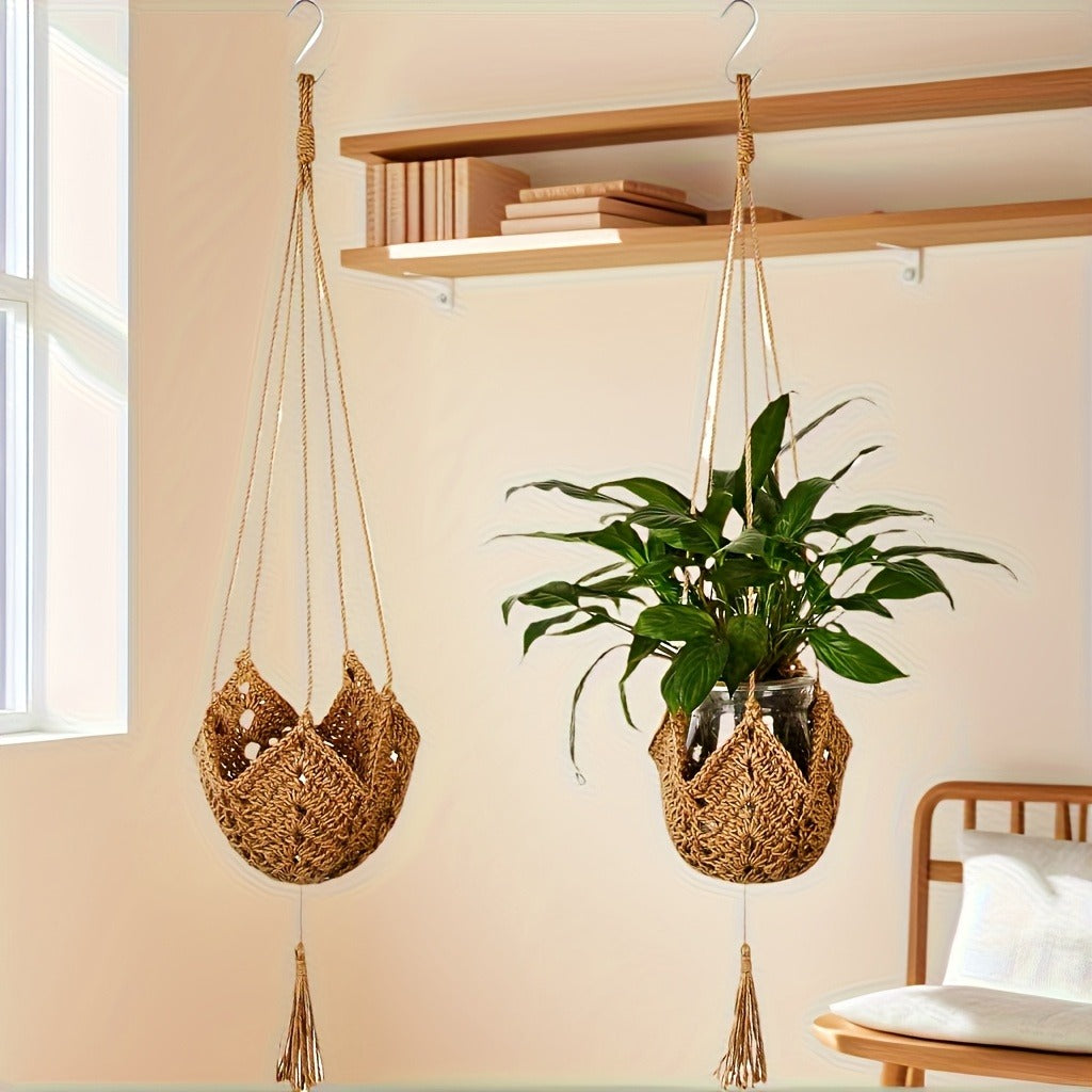 Macrame Plant Hanger with Tassels, Bohemian Cotton Rope Crochet Wall Basket, Indoor Outdoor Hanging Planter with Hooks, Boho 