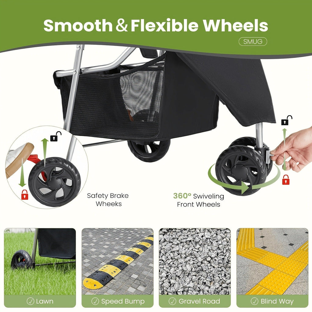 Black Three-Wheel Pet Stroller with Mesh Cabin, Front Cover, Cup Tray and Lower Storage Basket — image 2