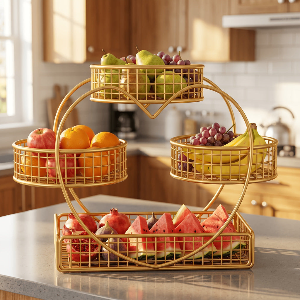 Three-Tier Gold-Tone Wire Fruit Basket with Three Round Bowls and Rectangular Countertop Base — image 7