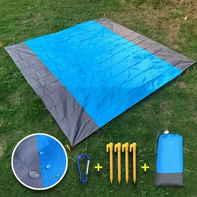 210 x 200cm Picnic Mat with Blue Center Panel, Grey Border, Drawstring Carry Pouch and Ground Stakes — image 7