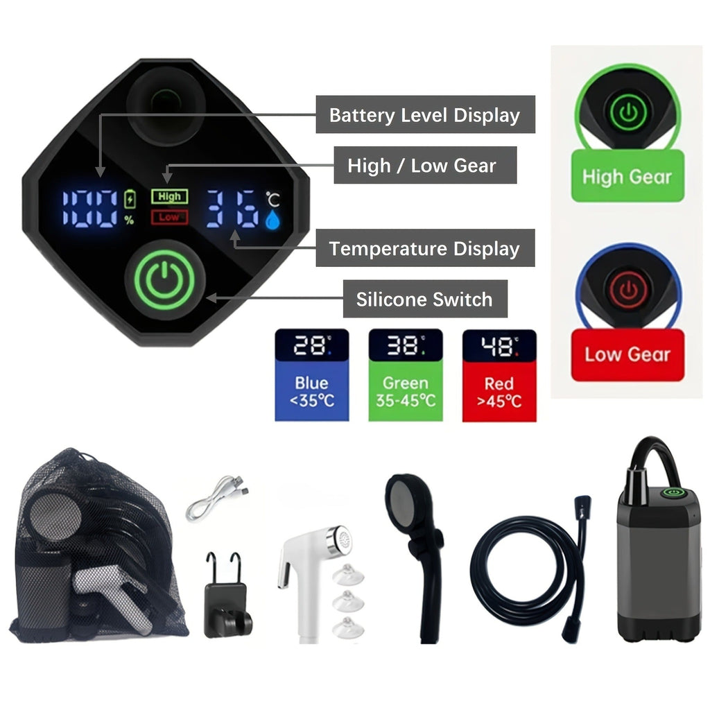 Portable Camping Shower 6000mAh IPX7 120-Min Runtime for Camping, Travel and Outdoor Use, with the Listed Configuration — ima