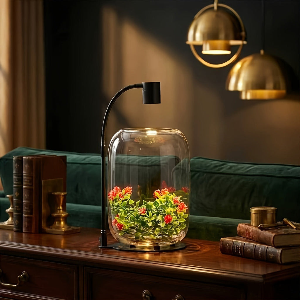 Glass Terrarium with USB Growth Light Open Top 15.9x8.7 Inch Transparent Vase for Moss Air Plants Succulents Indoor Garden Ho