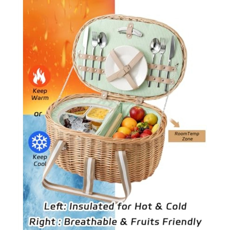 Insulated Wicker Picnic Hamper Set for Two with Cutlery, Ceramic Plates, Glasses and Cheese Board — image 7