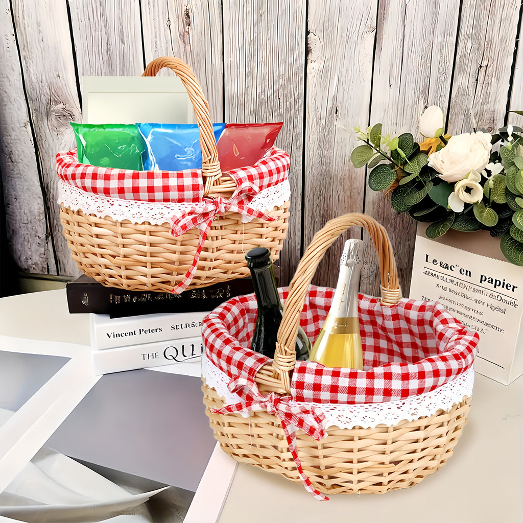 Large Wicker Picnic Basket with Split Lid, Central Carry Handle and Red Checkered Textile Lining — image 7