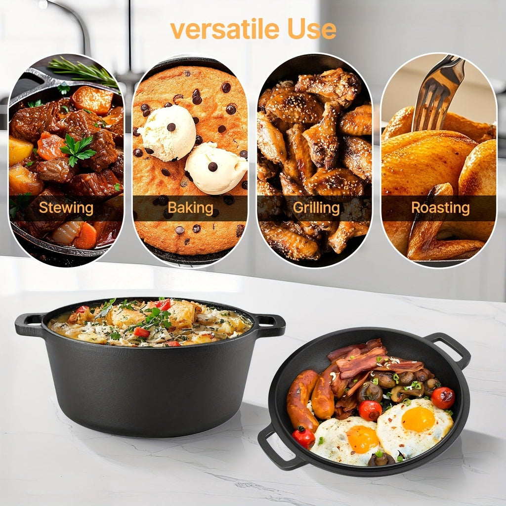 Pre-Seasoned-Labeled Cast Iron Dutch Oven with Reversible Skillet Lid, Trivet, Handle Covers and Scraper — image 7