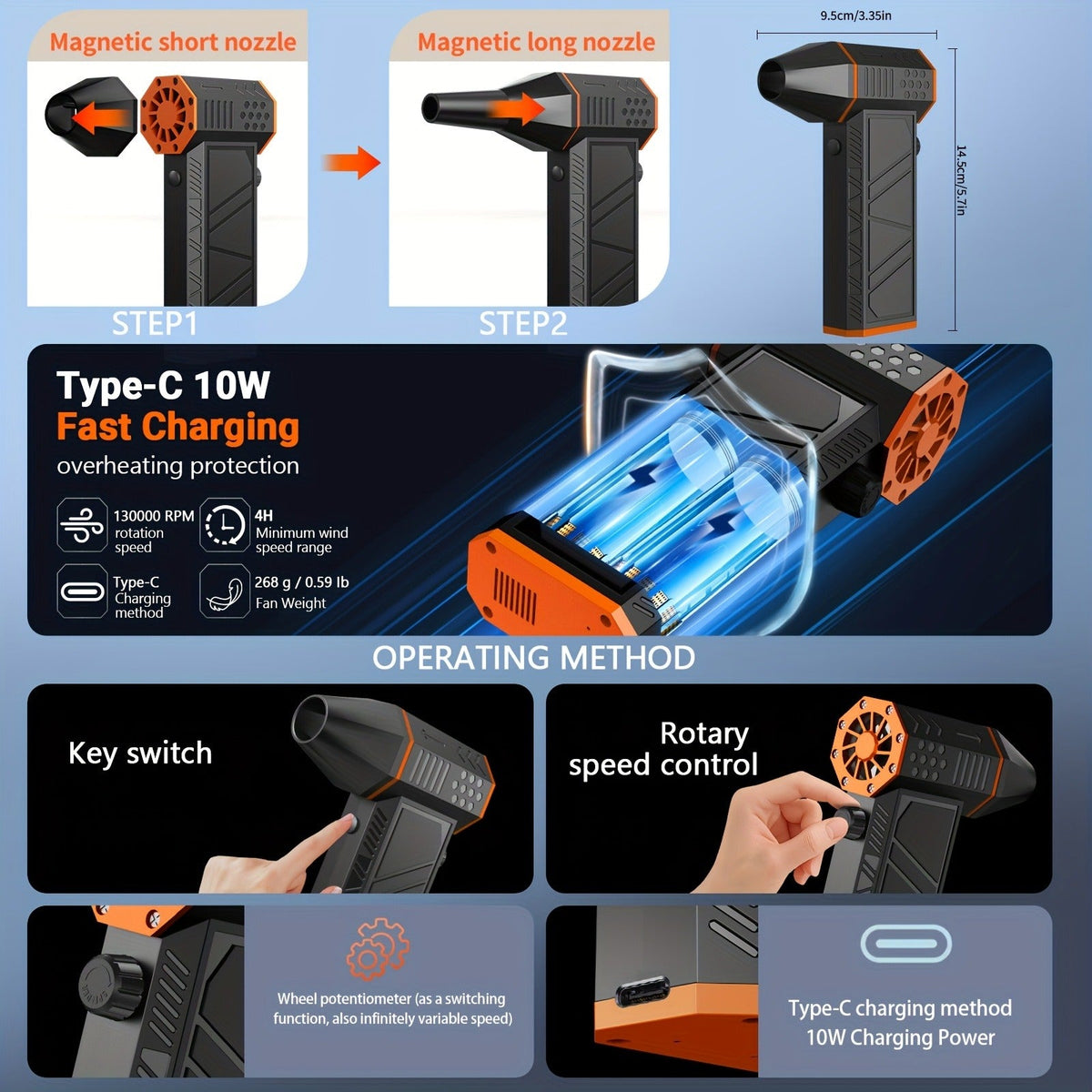 Electric Air Duster 130000RPM Rechargeable Handheld Blower, 3-Speed Wireless Turbine Fan for Computer Keyboard — image 8